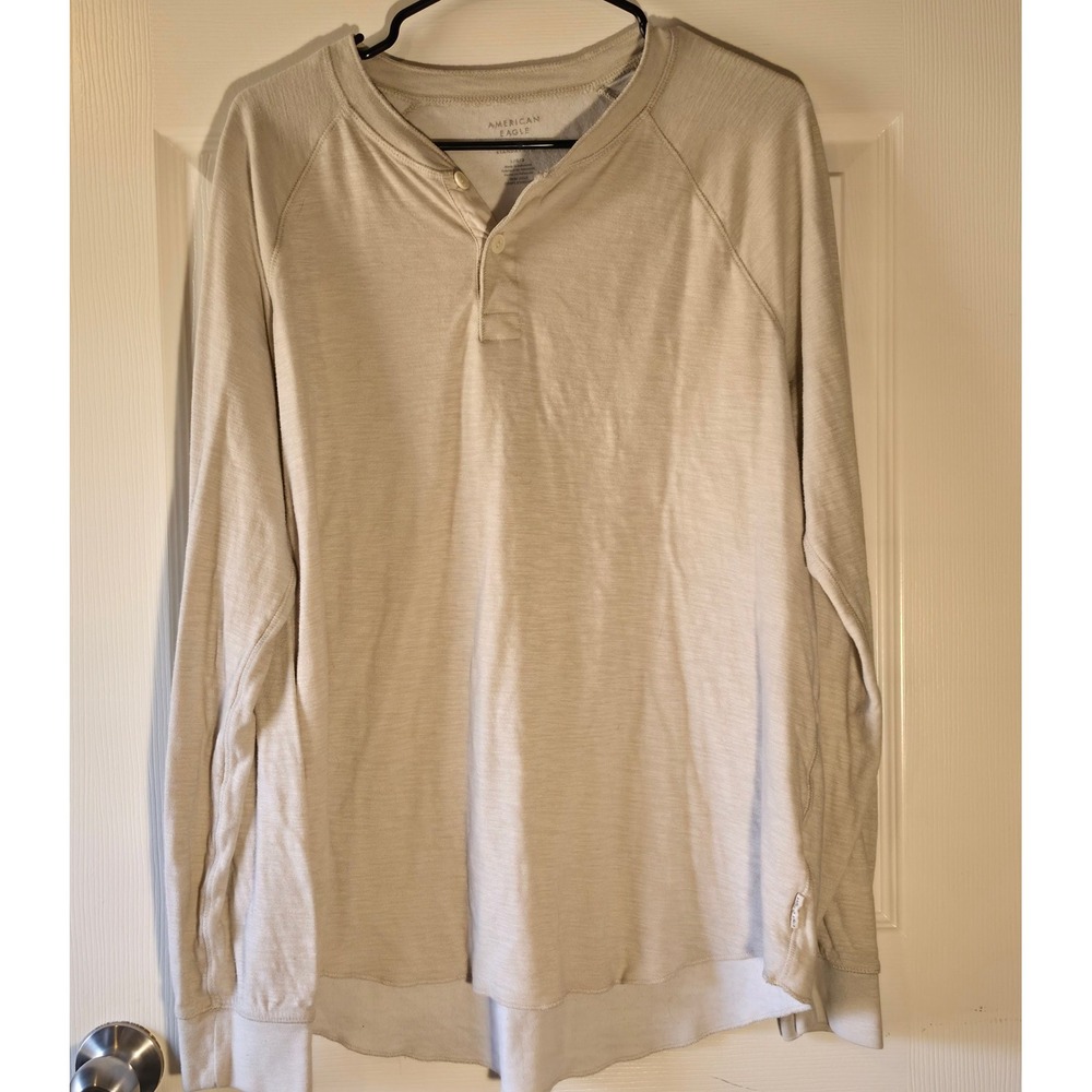 American Eagle Super Soft Henley Shirt Mens Large Beige Long Sleeve Raglan L
